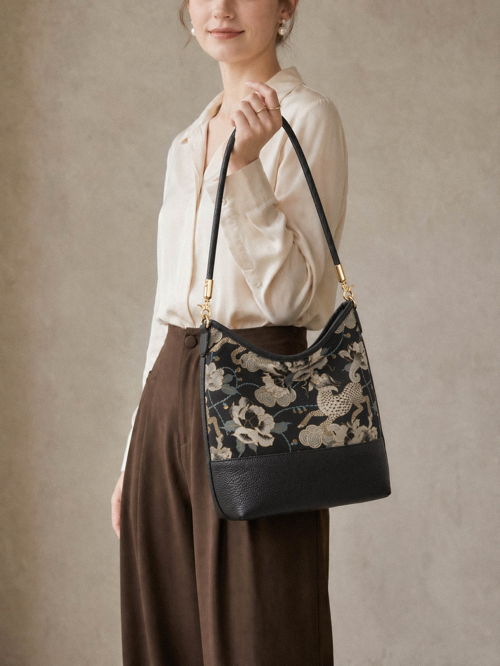 Midnight Peony Song Brocade Top-Handle Bag