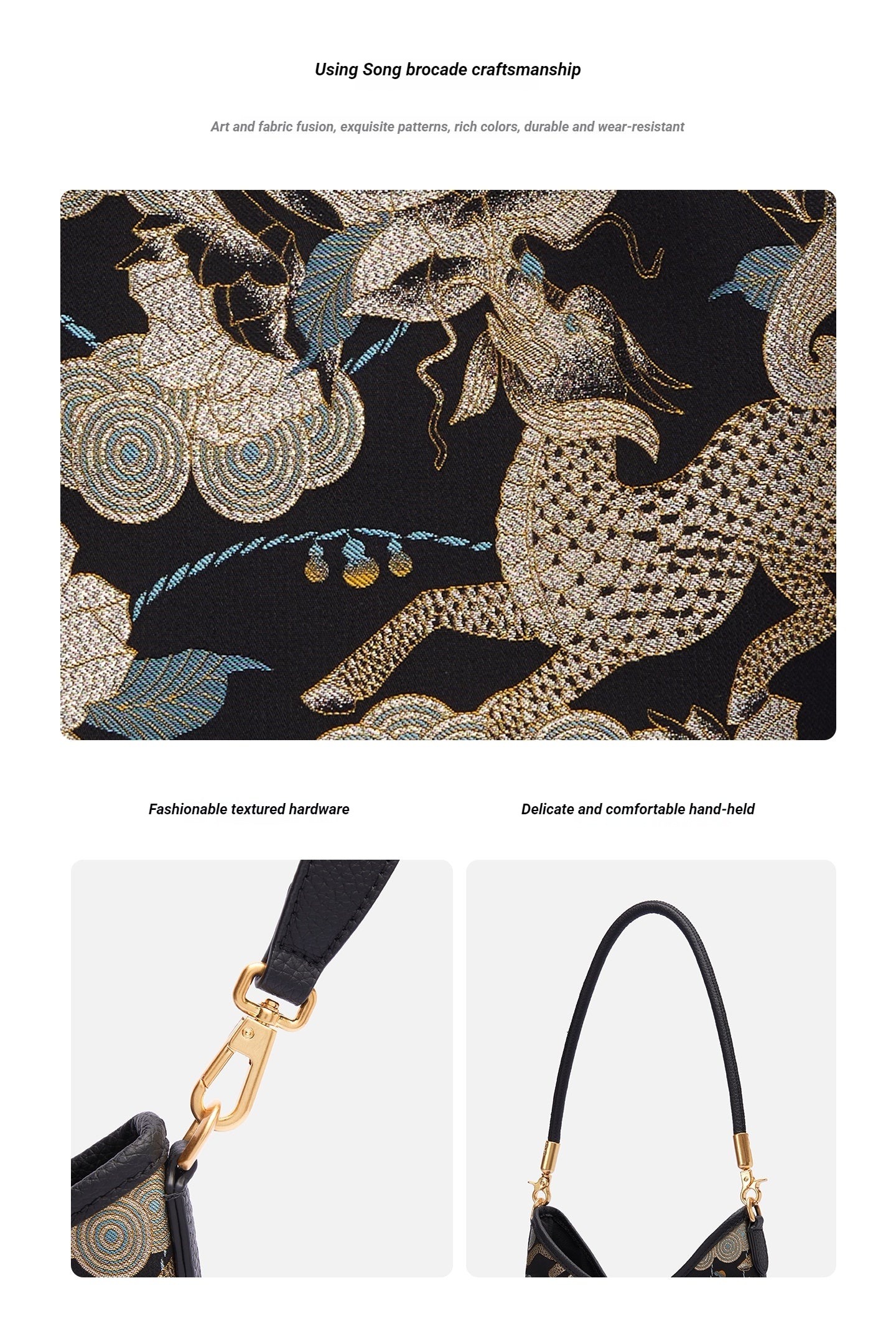 Midnight Peony Song Brocade Top-Handle Bag