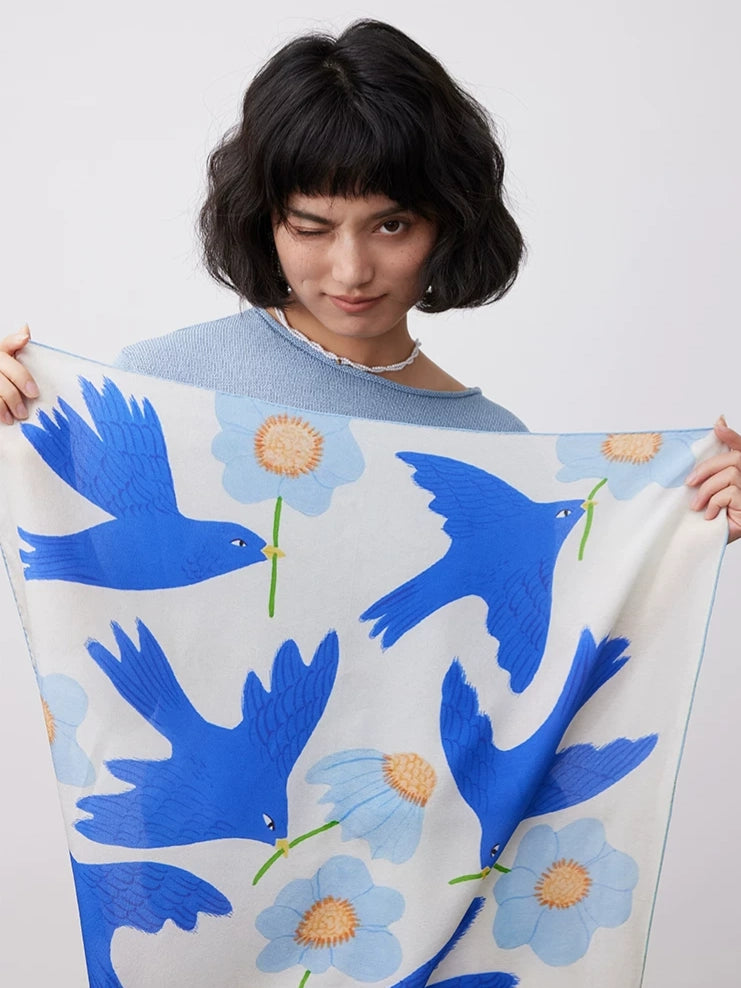 Azure Swallow Cream Silk Square Scarf