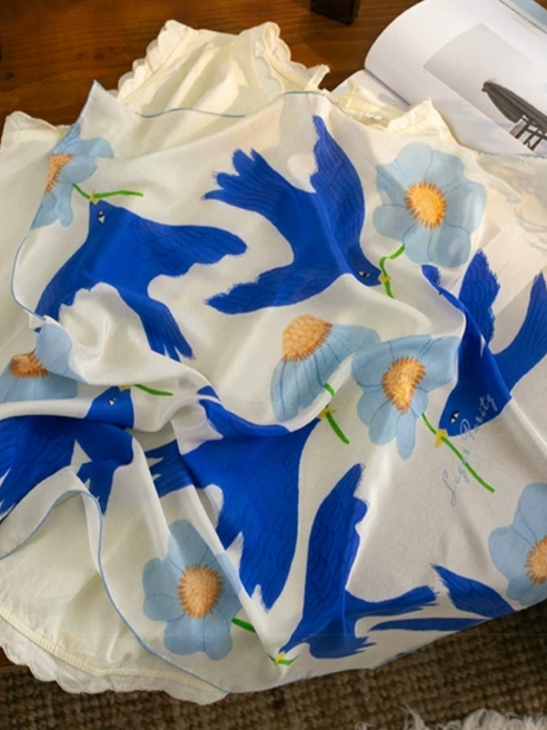 Azure Swallow Cream Silk Square Scarf