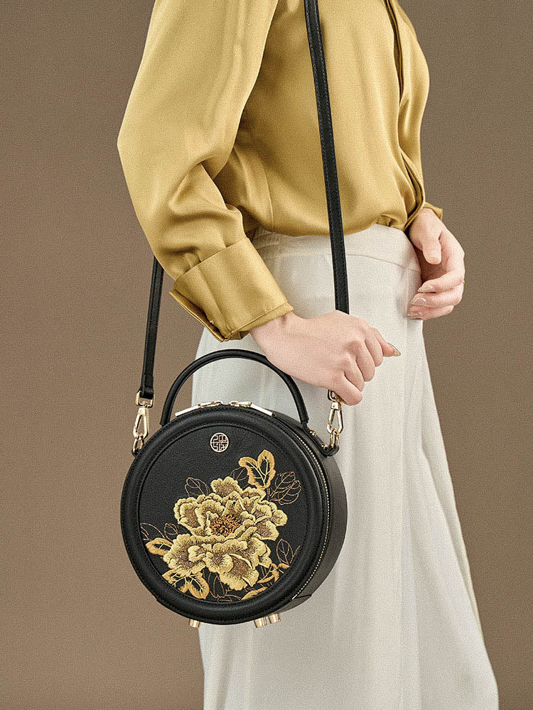 The "Royal Peony" Circle Bag – Heritage Embroidered Leather Edition