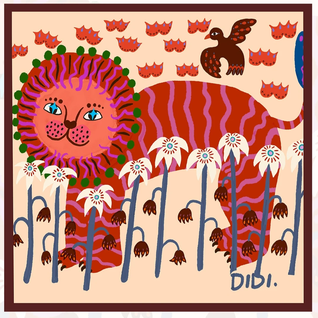 Folk Lion Red Silk Square Scarf