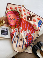 Folk Lion Red Silk Square Scarf