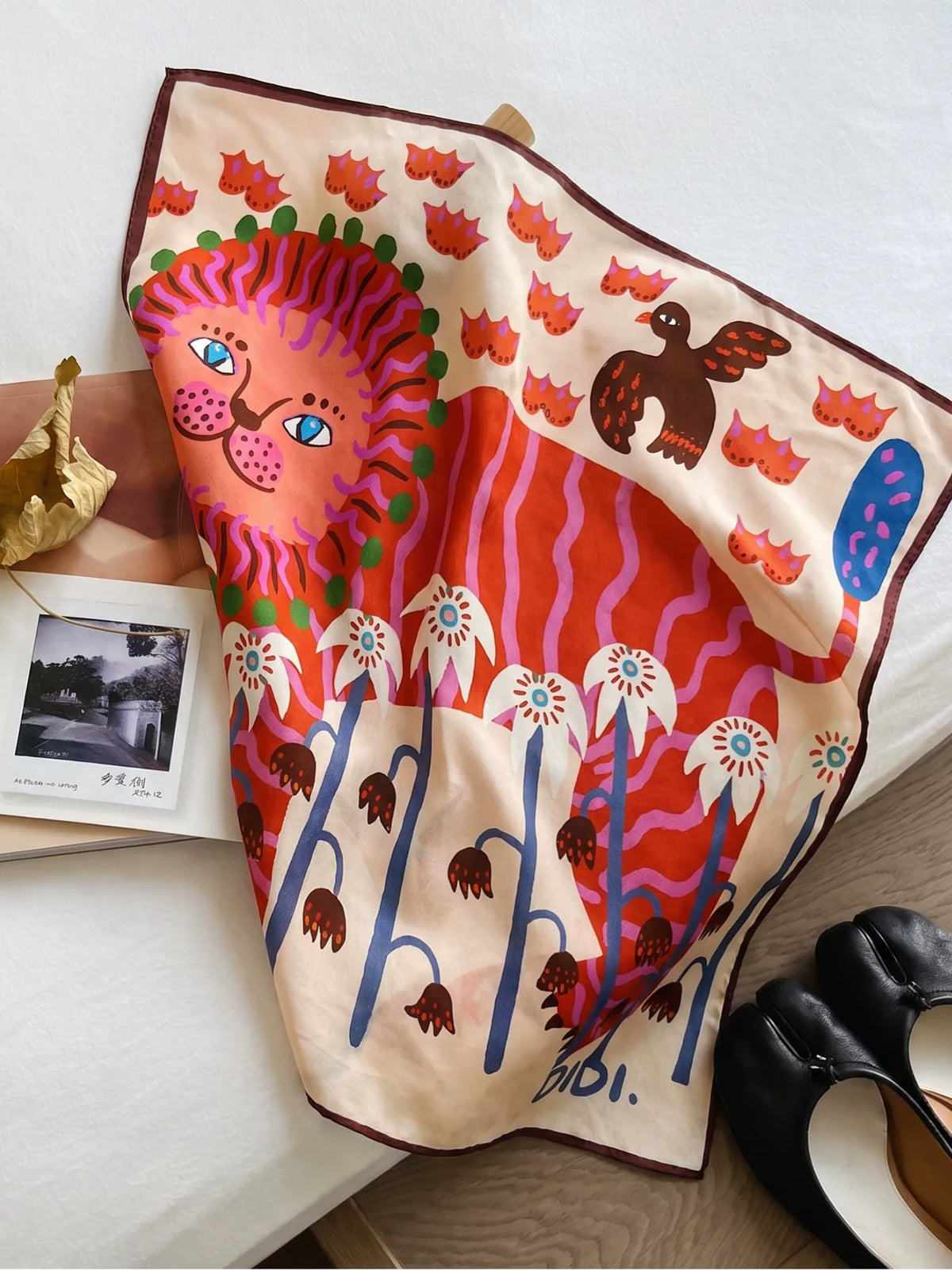 Folk Lion Red Silk Square Scarf