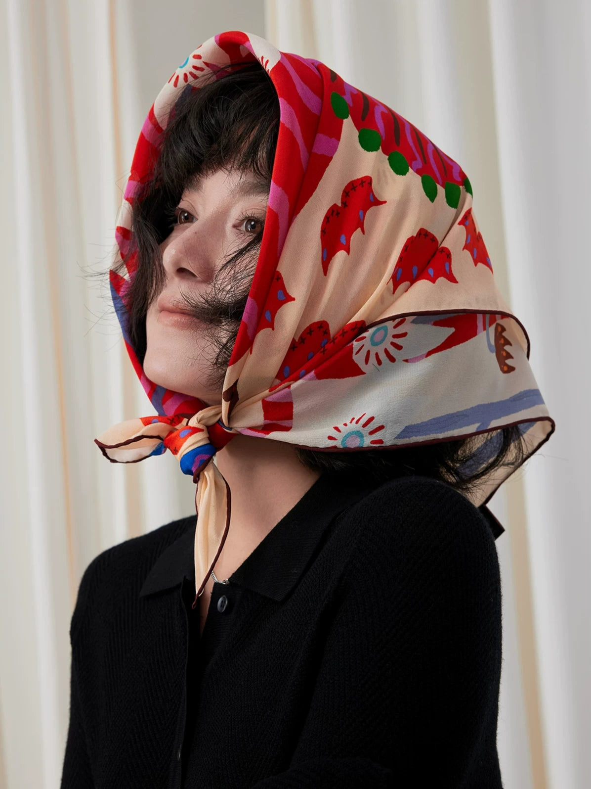 Folk Lion Red Silk Square Scarf