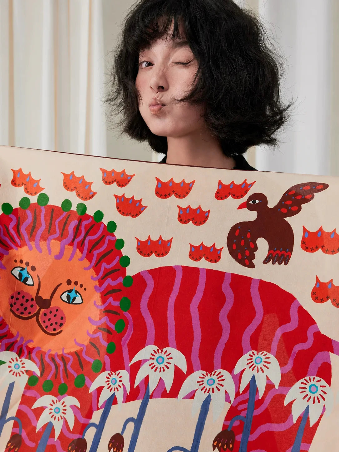Folk Lion Red Silk Square Scarf