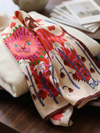 Folk Lion Red Silk Square Scarf