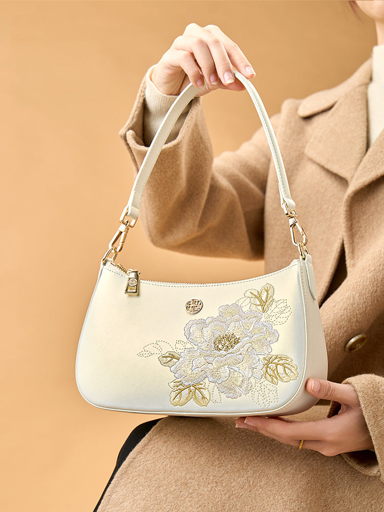 Golden Peony Embroidered Underarm Bag