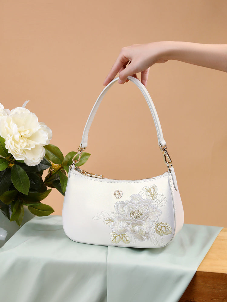 Golden Peony Embroidered Underarm Bag