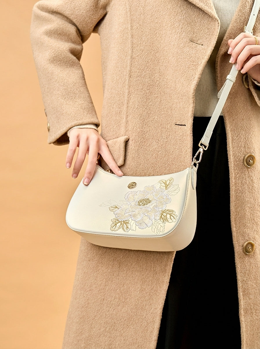 Golden Peony Embroidered Underarm Bag