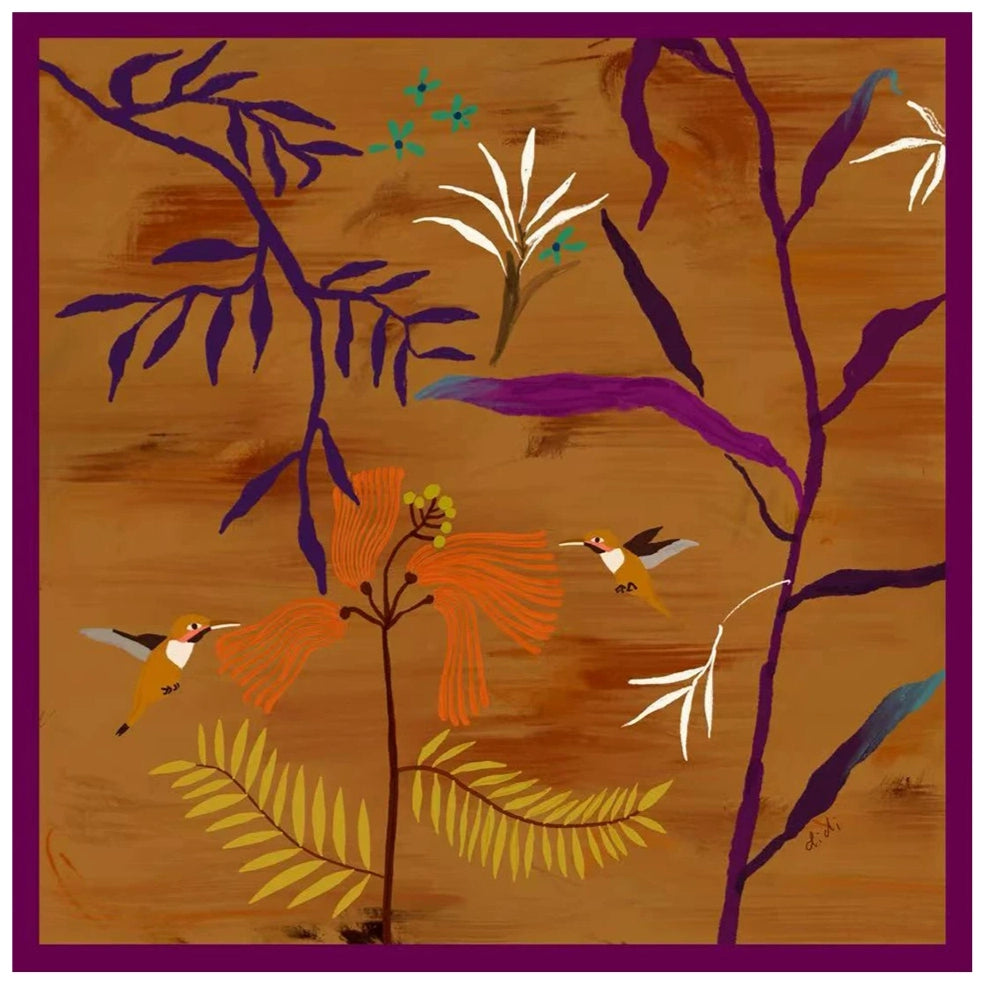 Hummingbird Orange Silk Square Scarf