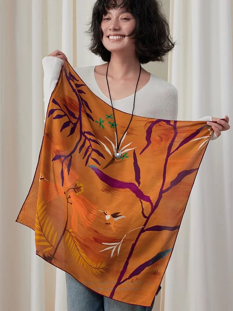 Hummingbird Orange Silk Square Scarf