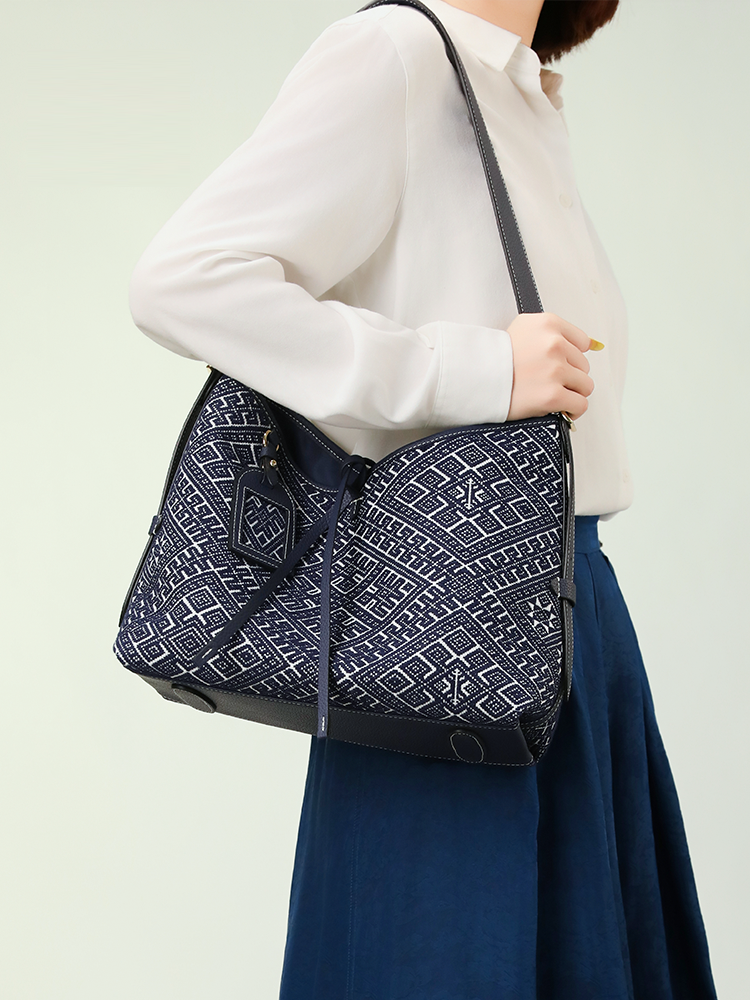 Indigo Harmony Zhuang Brocade Hobo Bag