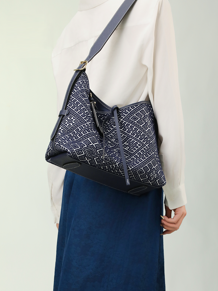 Indigo Harmony Zhuang Brocade Hobo Bag