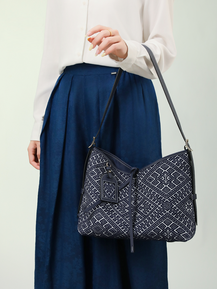Indigo Harmony Zhuang Brocade Hobo Bag