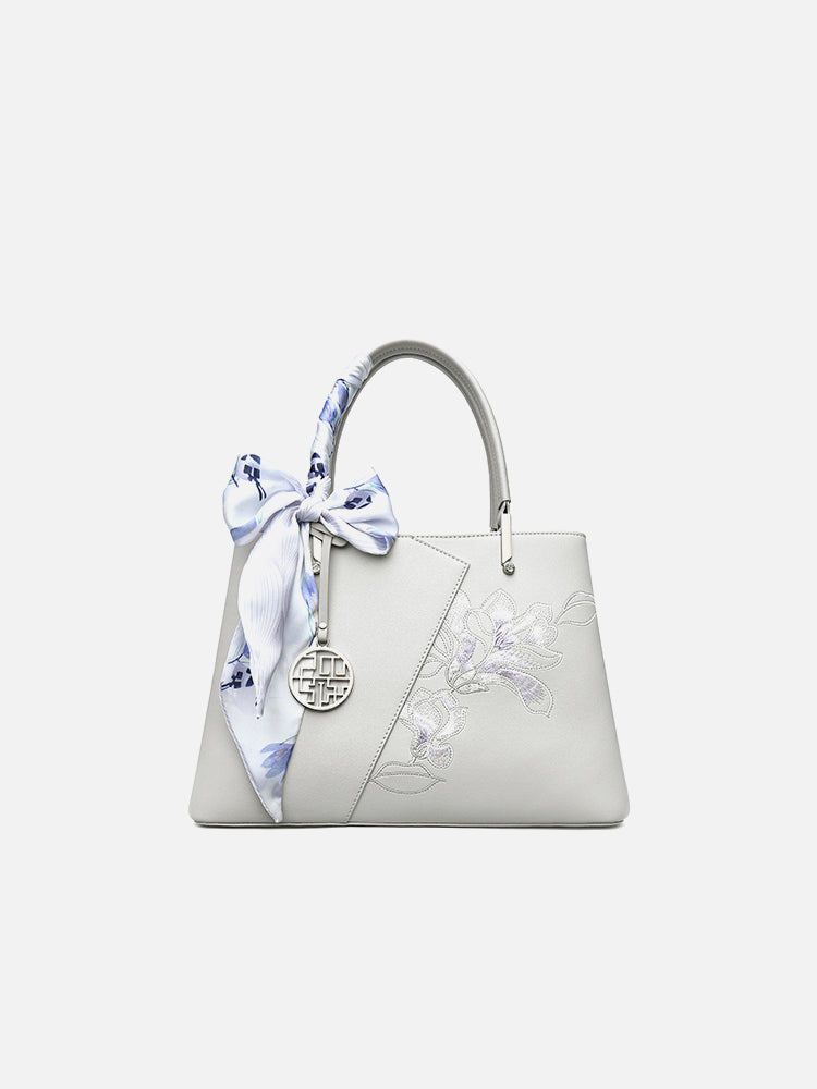 Magnolia Muse Embroidered Satchel Tote Bag