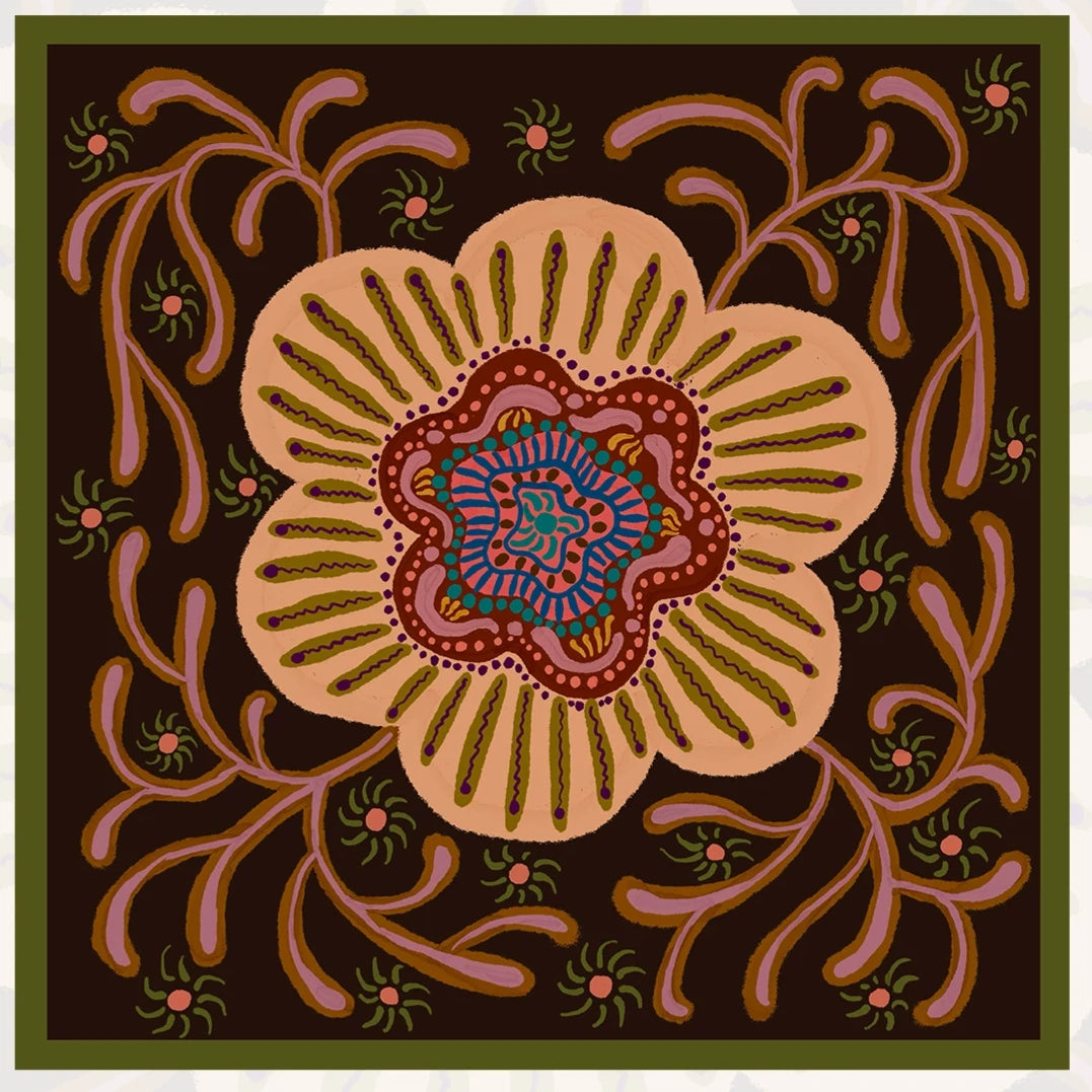 Mandala Bloom Brown Silk Square Scarf
