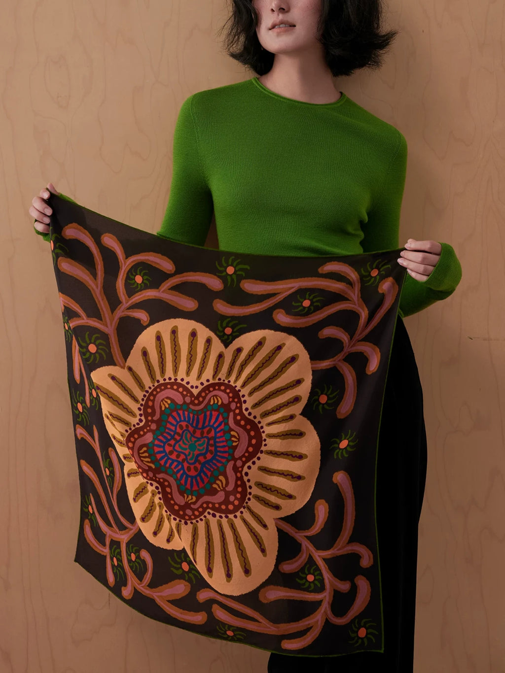 Mandala Bloom Brown Silk Square Scarf