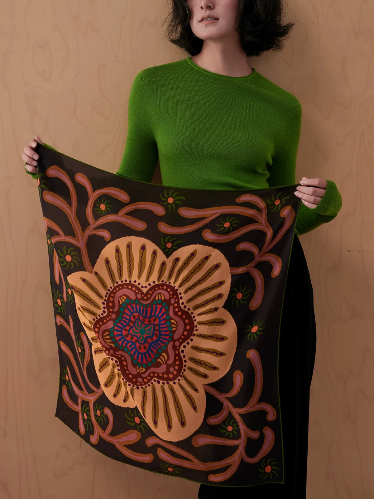 Mandala Bloom Brown Silk Square Scarf