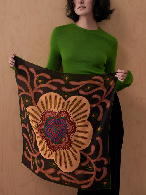 Mandala Bloom Brown Silk Square Scarf