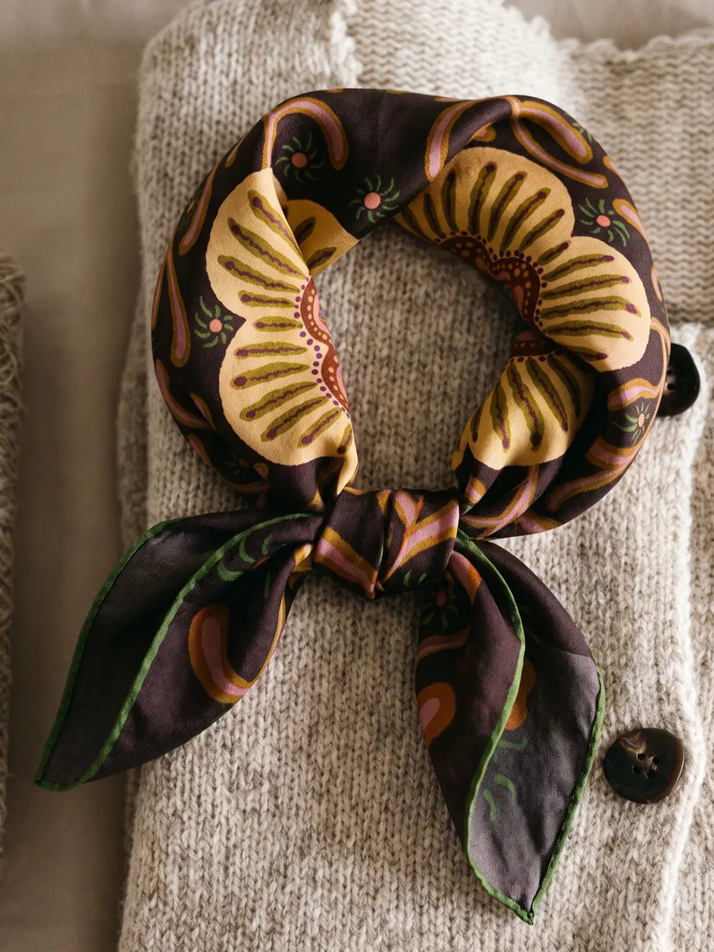 Mandala Bloom Brown Silk Square Scarf