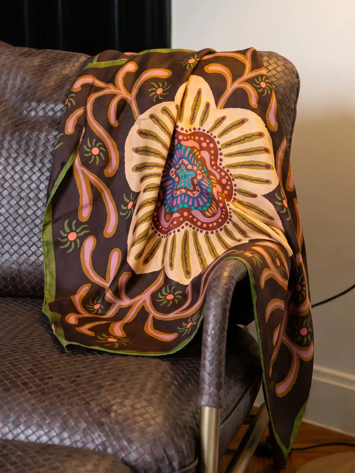 Mandala Bloom Brown Silk Square Scarf