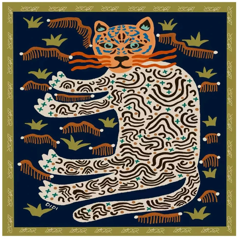 Maze Leopard Navy Silk Square Scarf