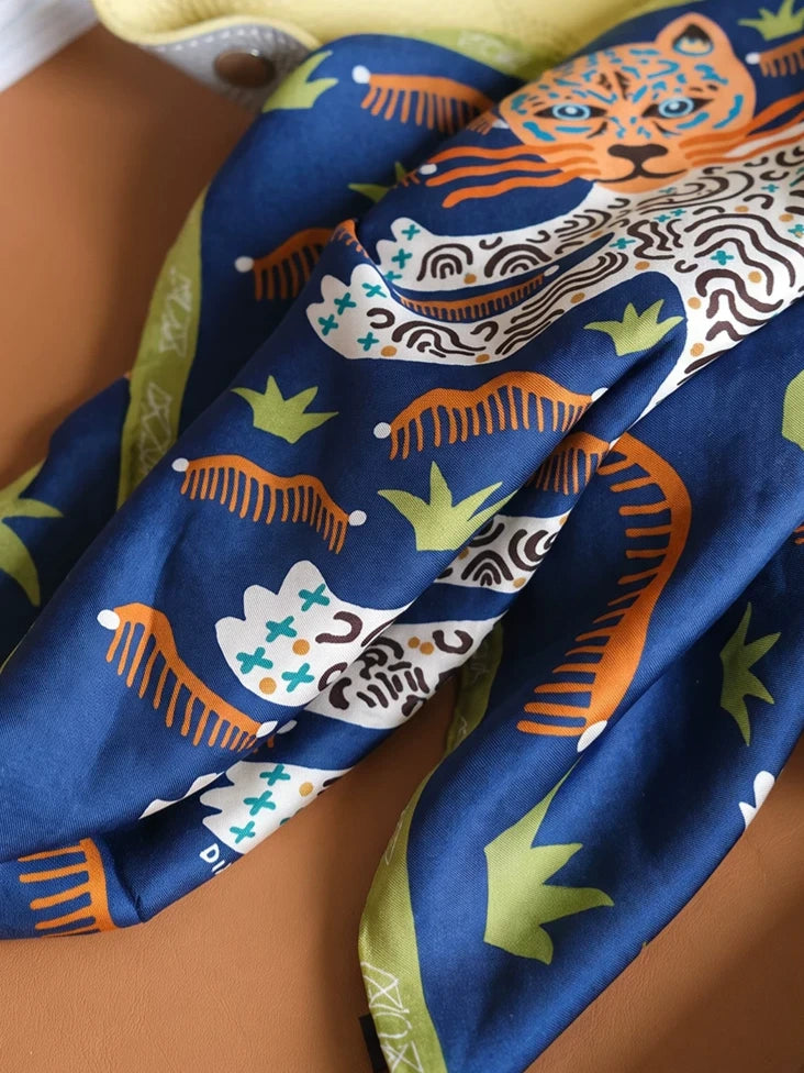 Maze Leopard Navy Silk Square Scarf