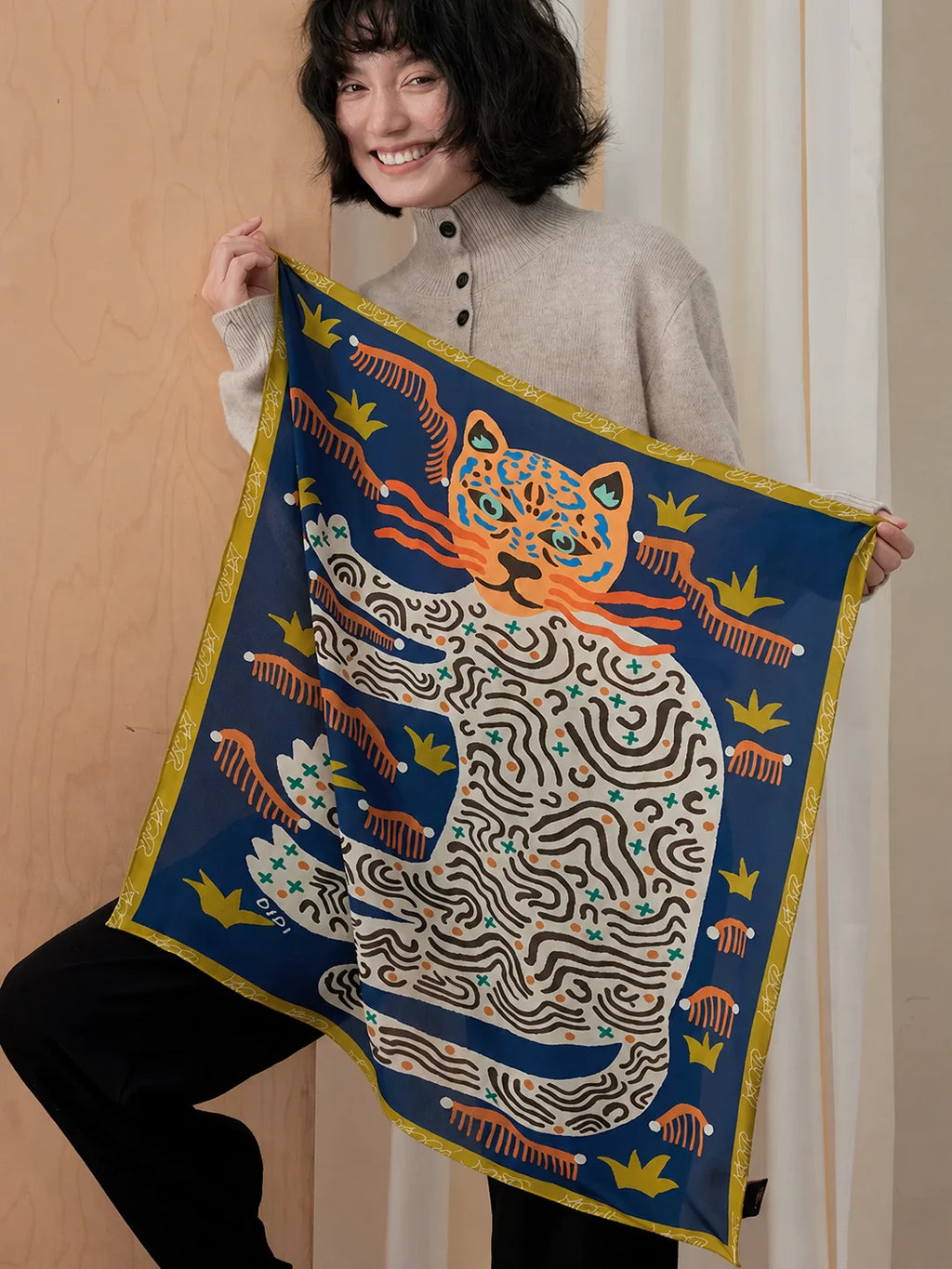 Maze Leopard Navy Silk Square Scarf