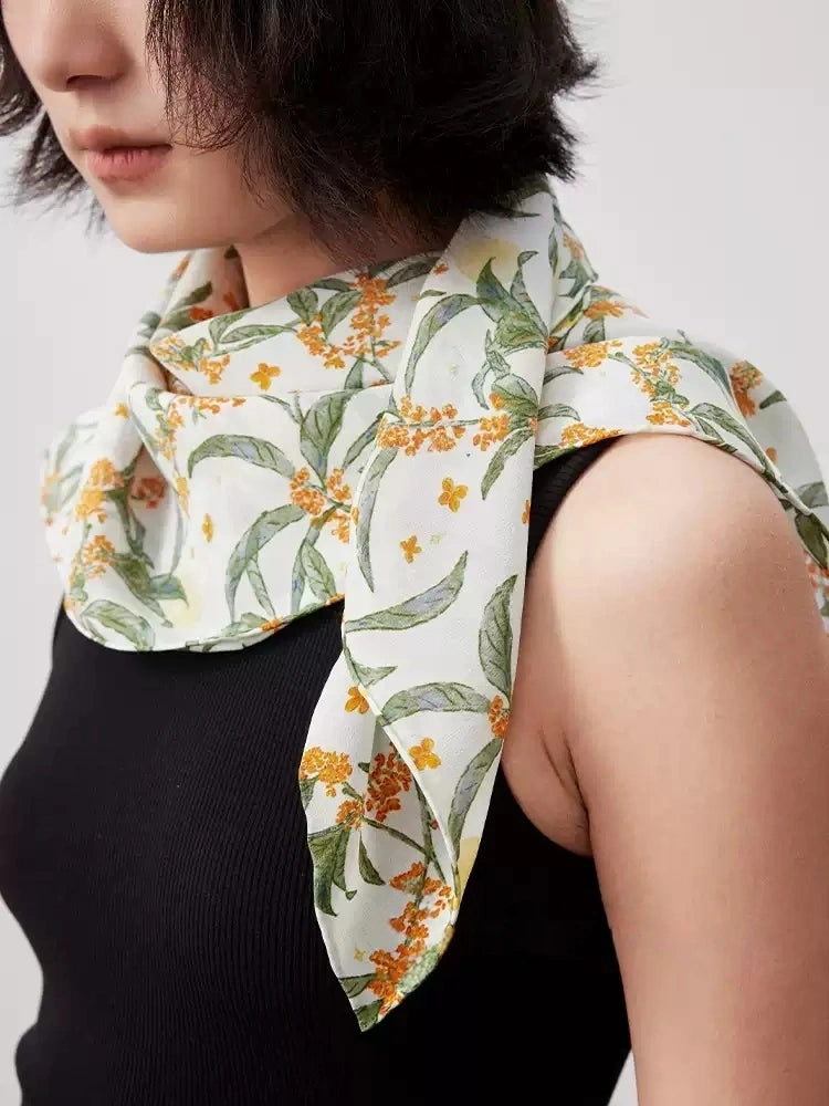 Moonlit Blossom Cream Silk Square Scarf