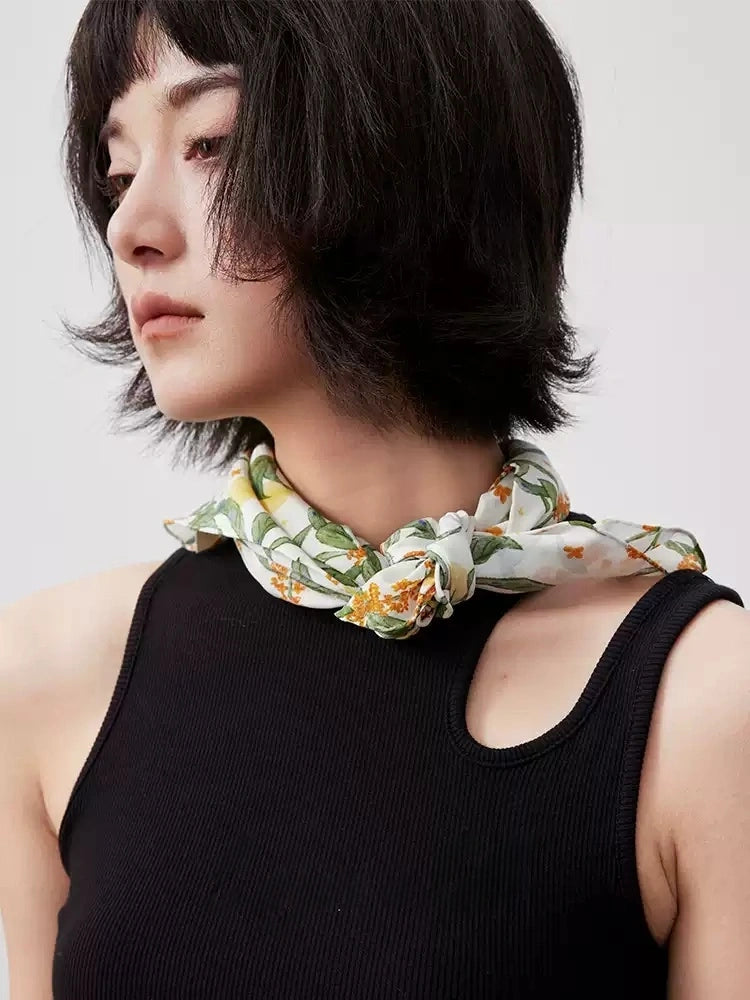 Moonlit Blossom Cream Silk Square Scarf