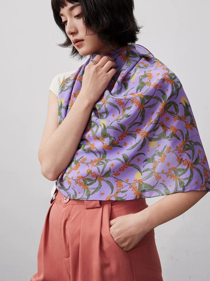 Moonlit Blossom Lilac Silk Square Scarf