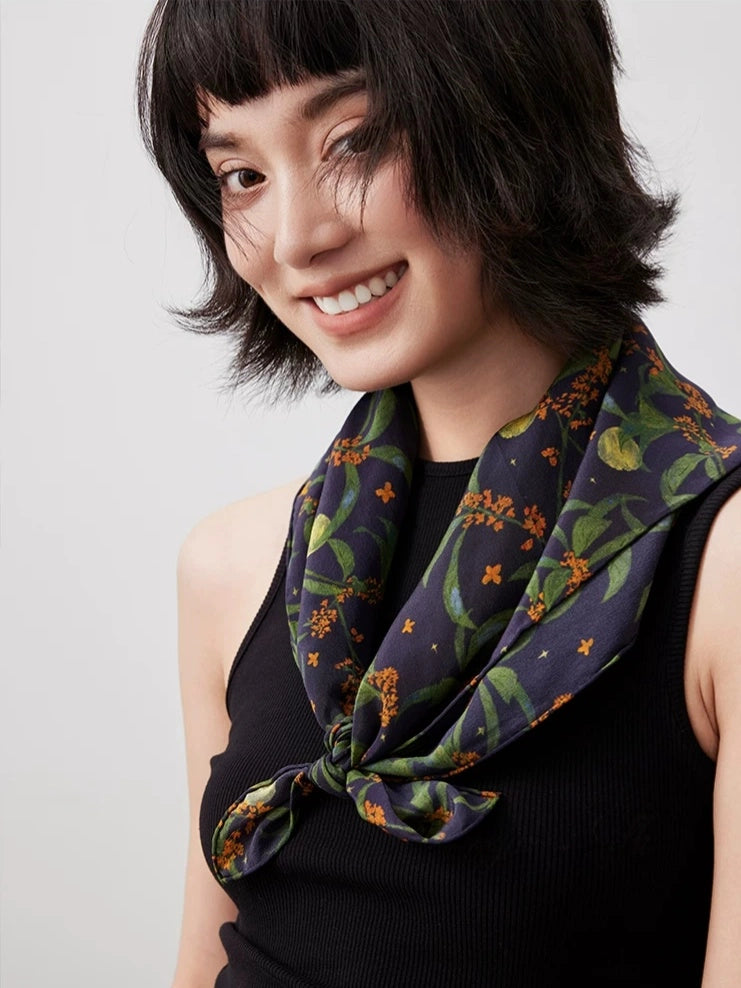 Moonlit Blossom Navy Silk Square Scarf