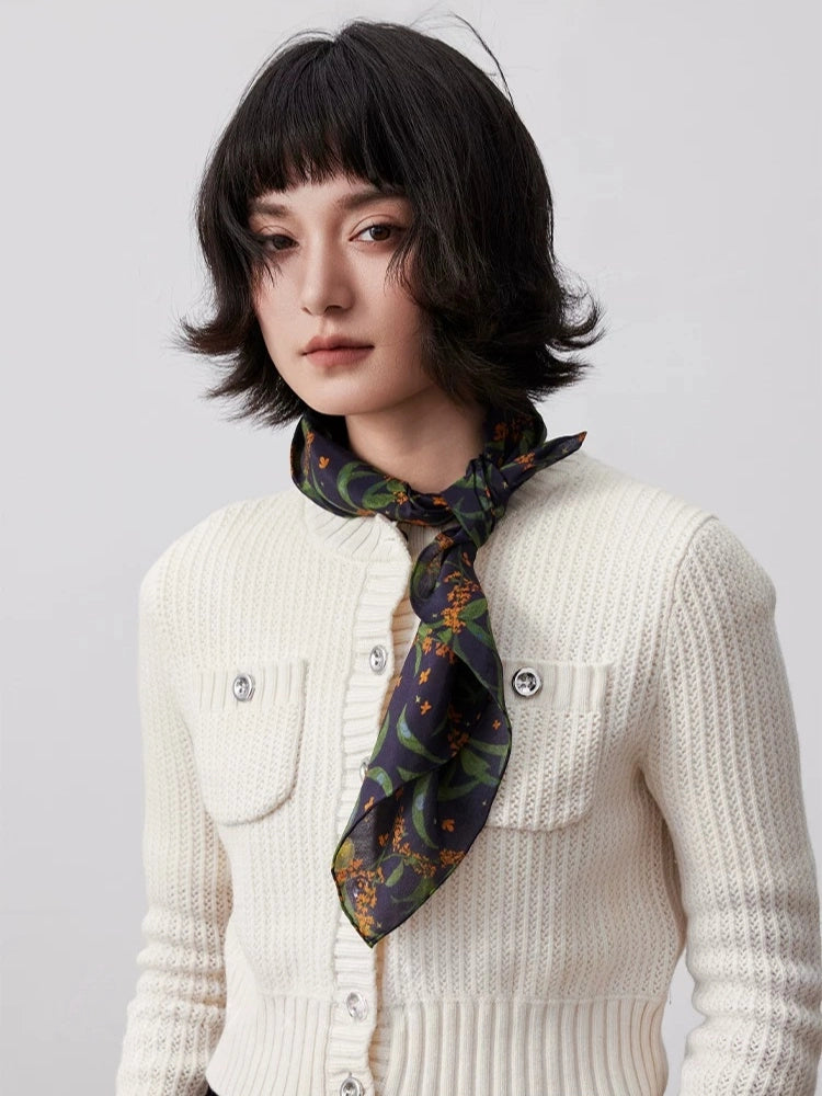 Moonlit Blossom Navy Silk Square Scarf