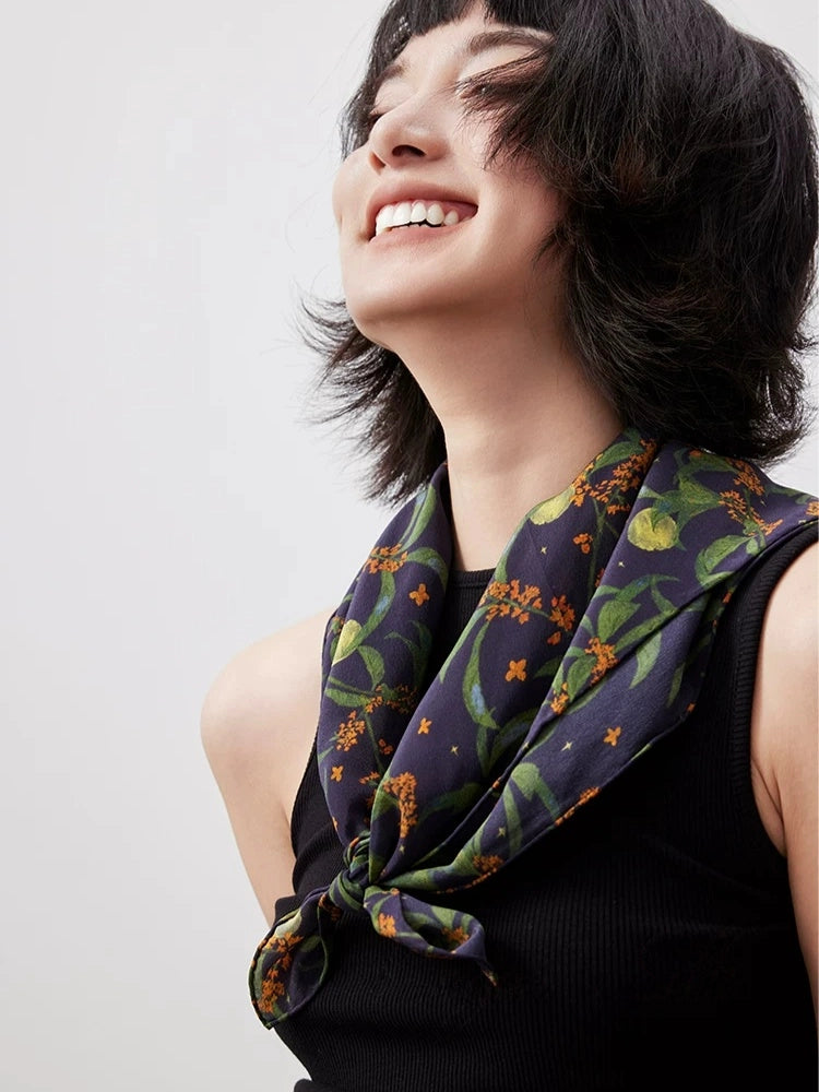 Moonlit Blossom Navy Silk Square Scarf