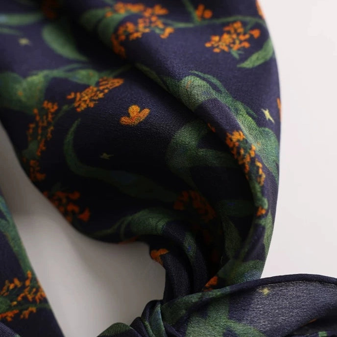 Moonlit Blossom Navy Silk Square Scarf