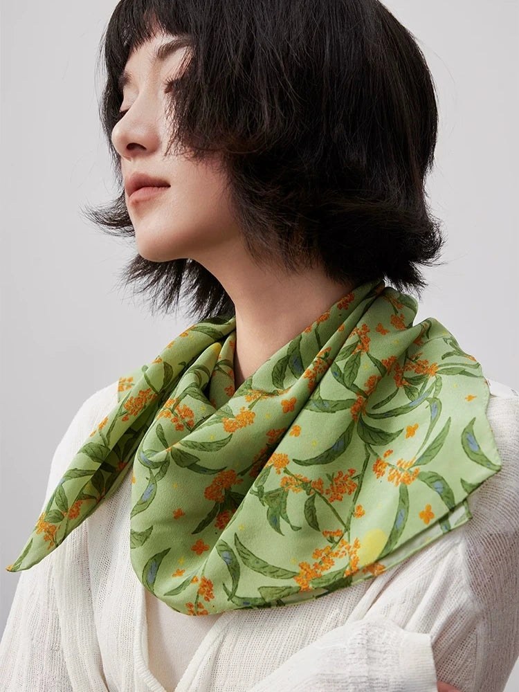 Moonlit Blossom Sage Green Silk Square Scarf
