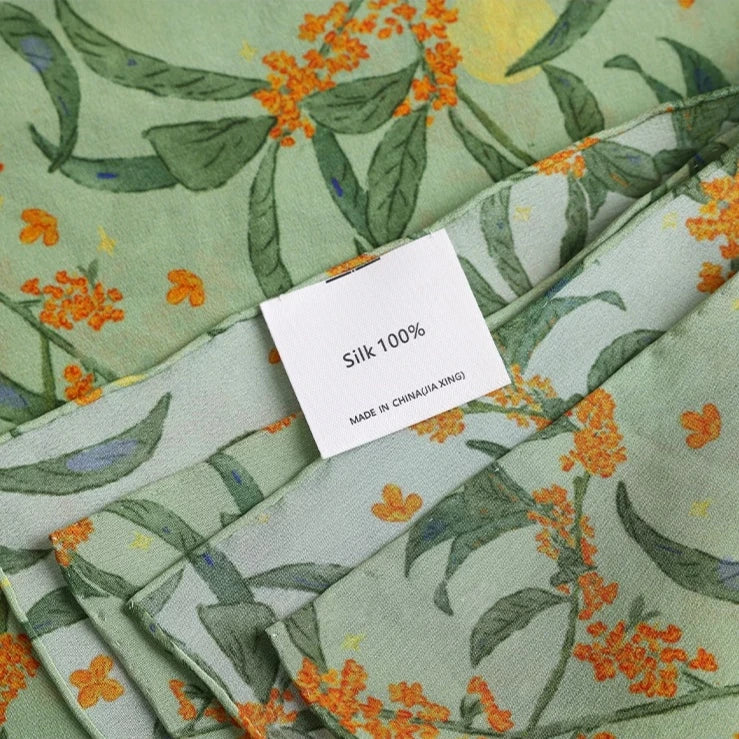 Moonlit Blossom Sage Green Silk Square Scarf