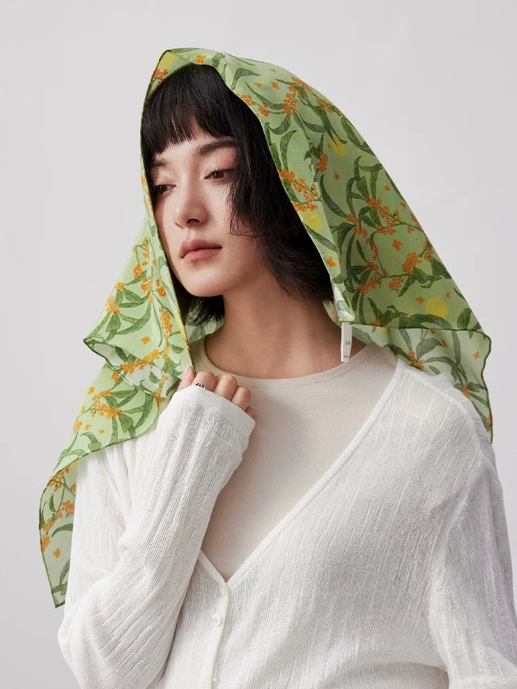 Moonlit Blossom Sage Green Silk Square Scarf