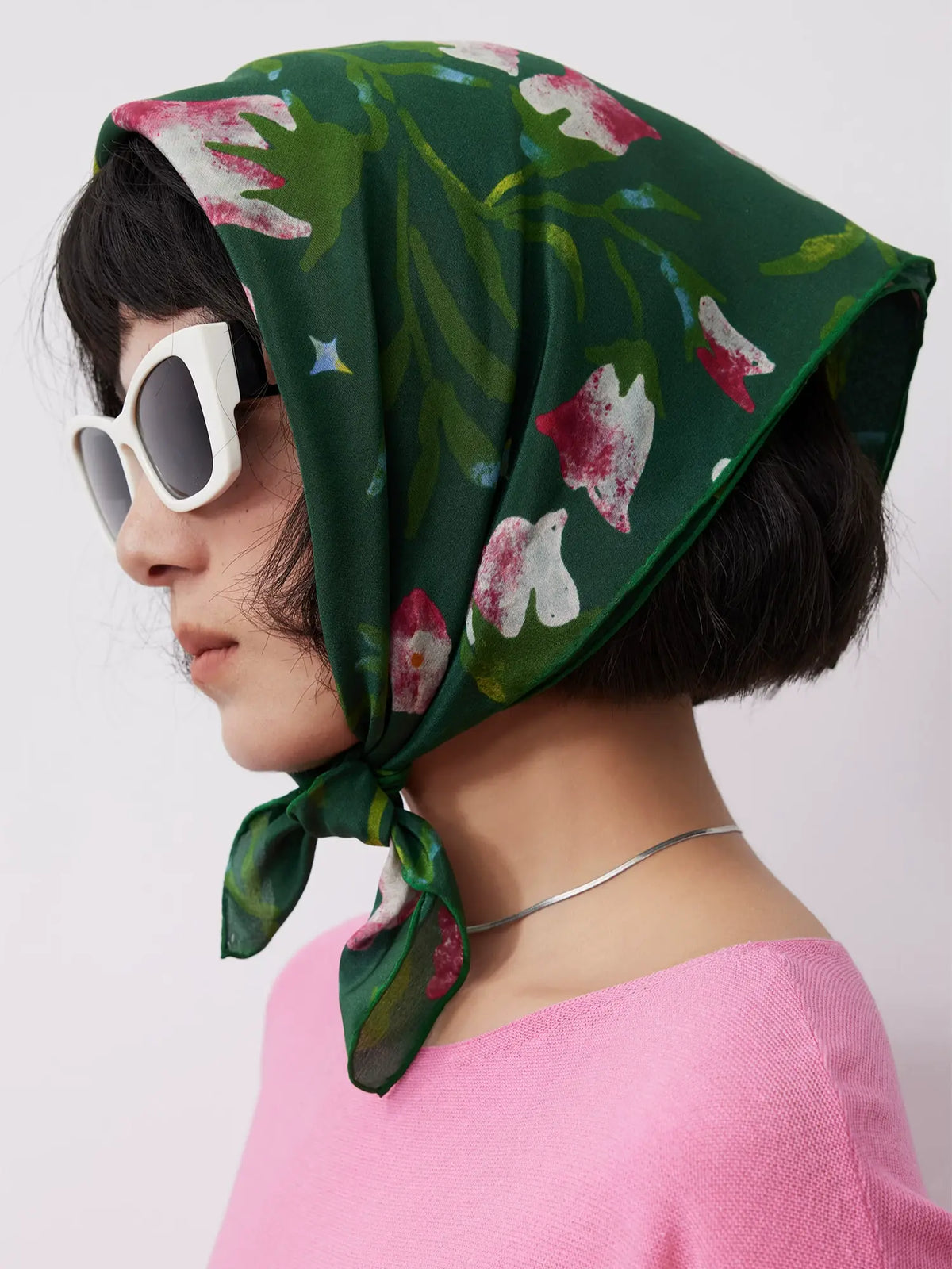 Morning Glory Forest Green Silk Square Scarf