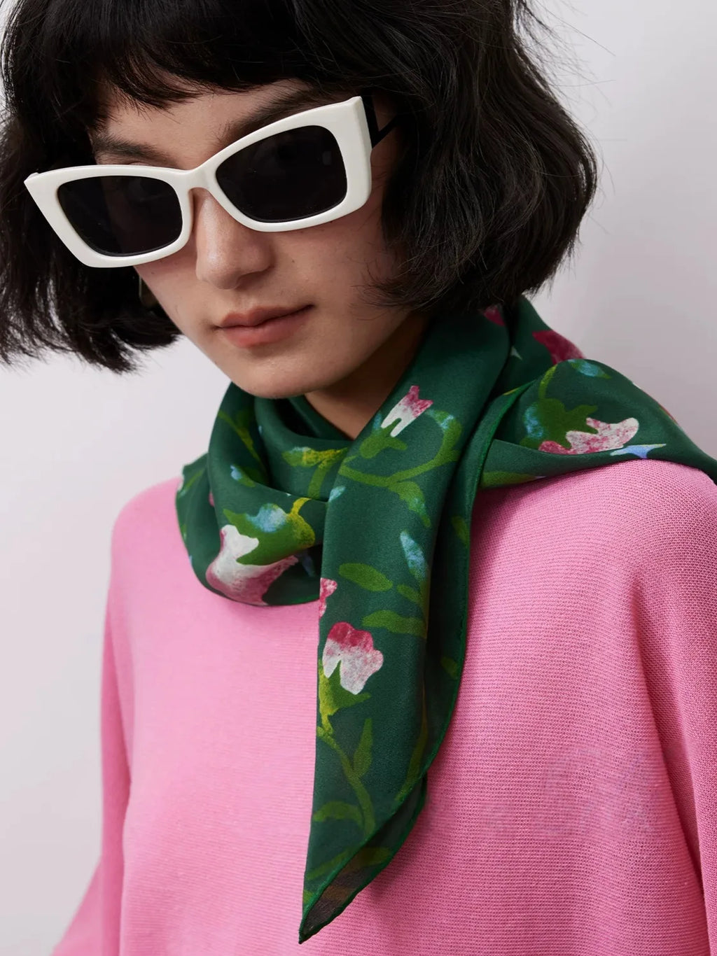 Morning Glory Forest Green Silk Square Scarf