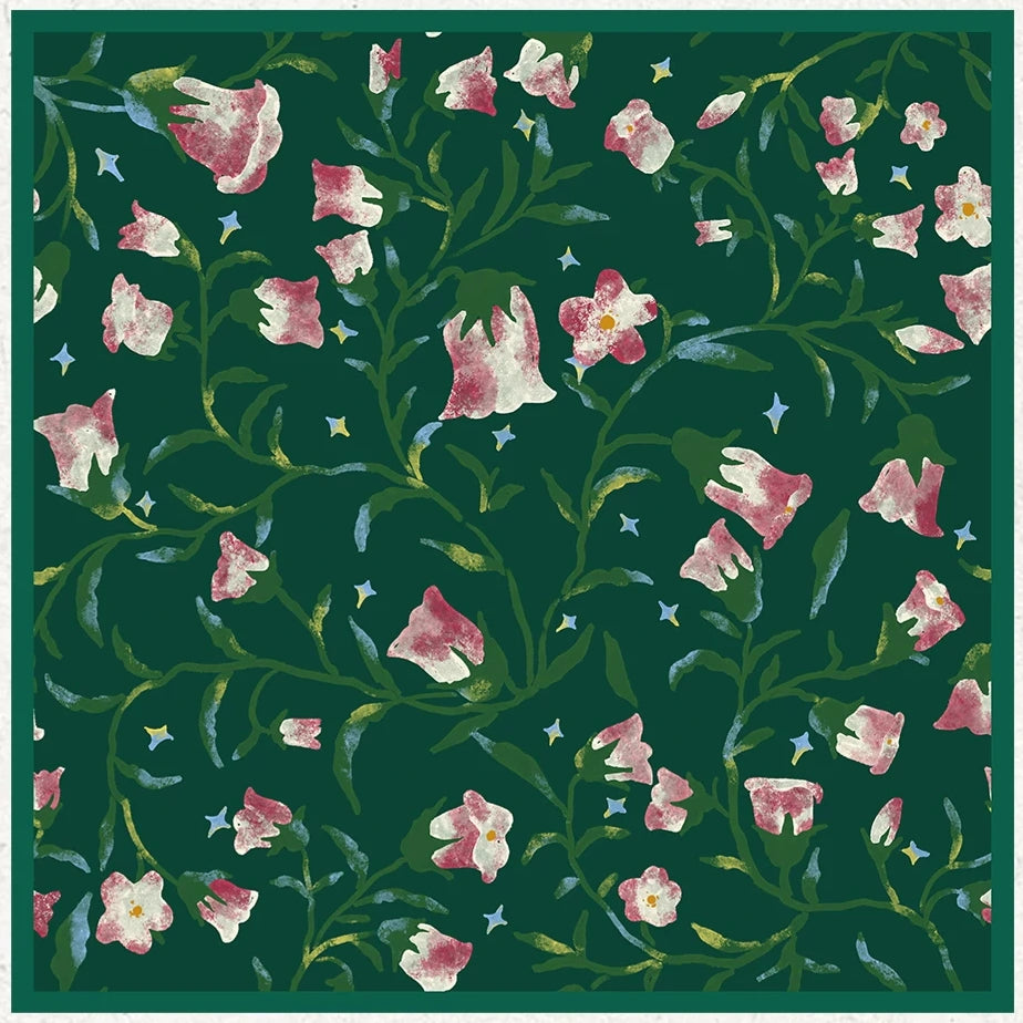 Morning Glory Forest Green Silk Square Scarf