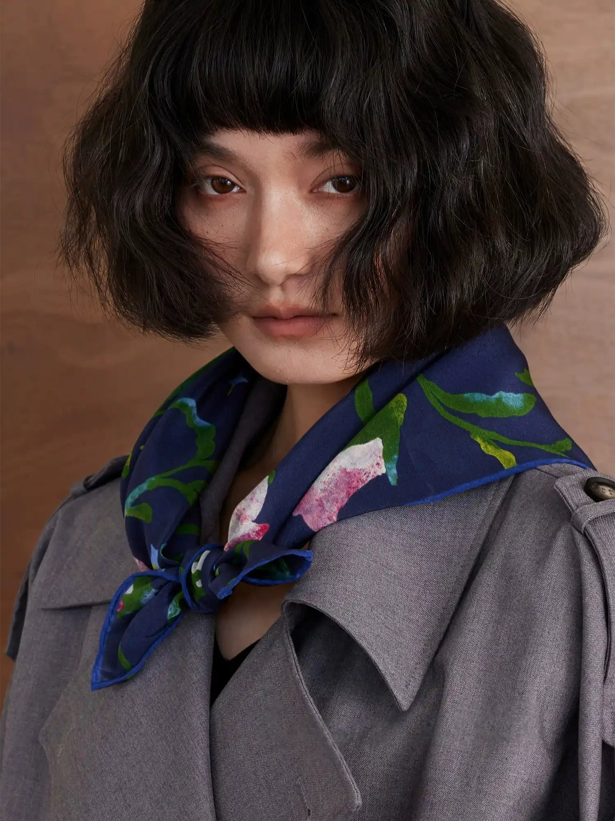 Morning Glory Navy Silk Square Scarf