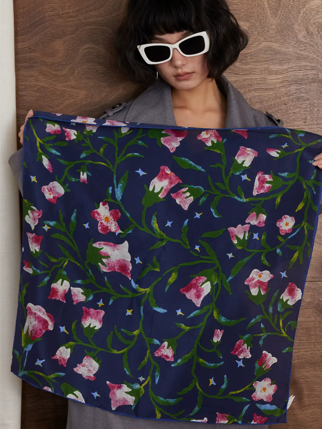 Morning Glory Navy Silk Square Scarf