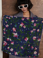 Morning Glory Navy Silk Square Scarf