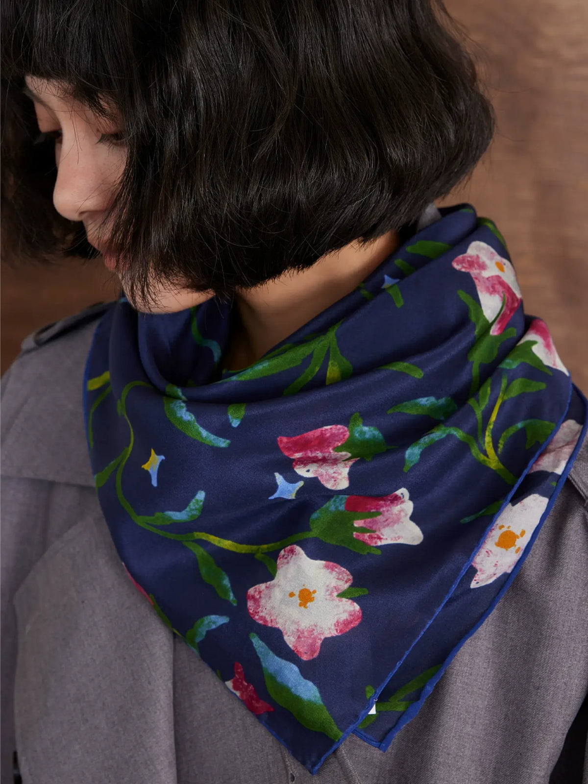 Morning Glory Navy Silk Square Scarf