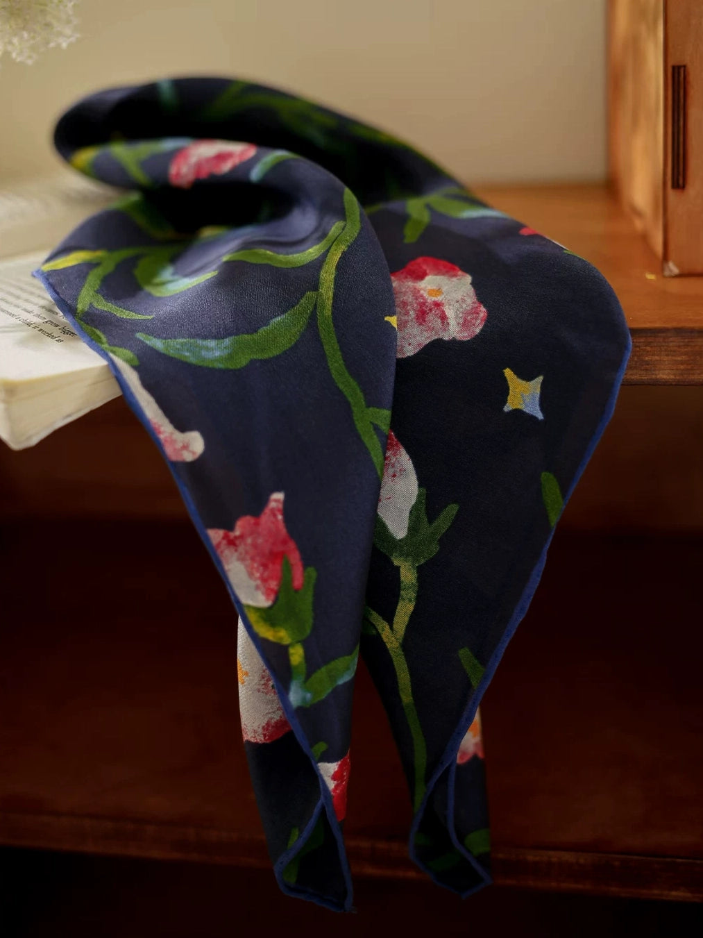 Morning Glory Navy Silk Square Scarf