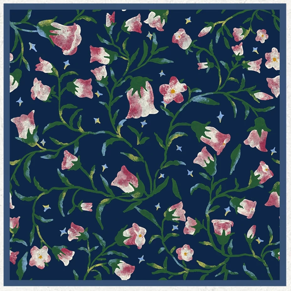 Morning Glory Navy Silk Square Scarf