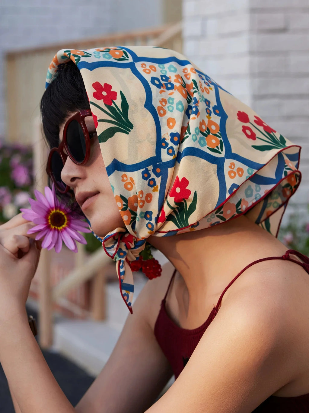 Oriental Bloom Cream Silk Square Scarf