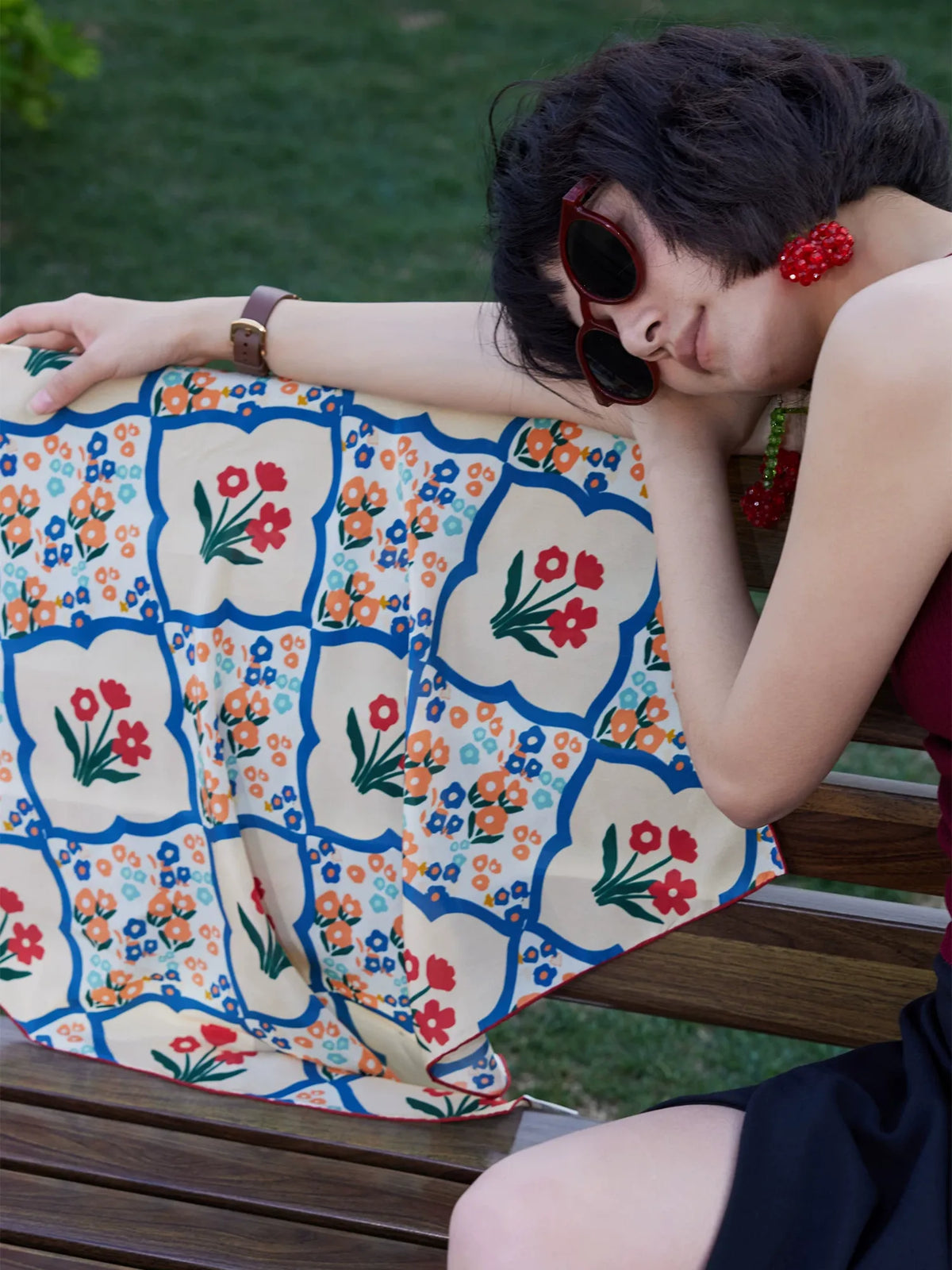 Oriental Bloom Cream Silk Square Scarf